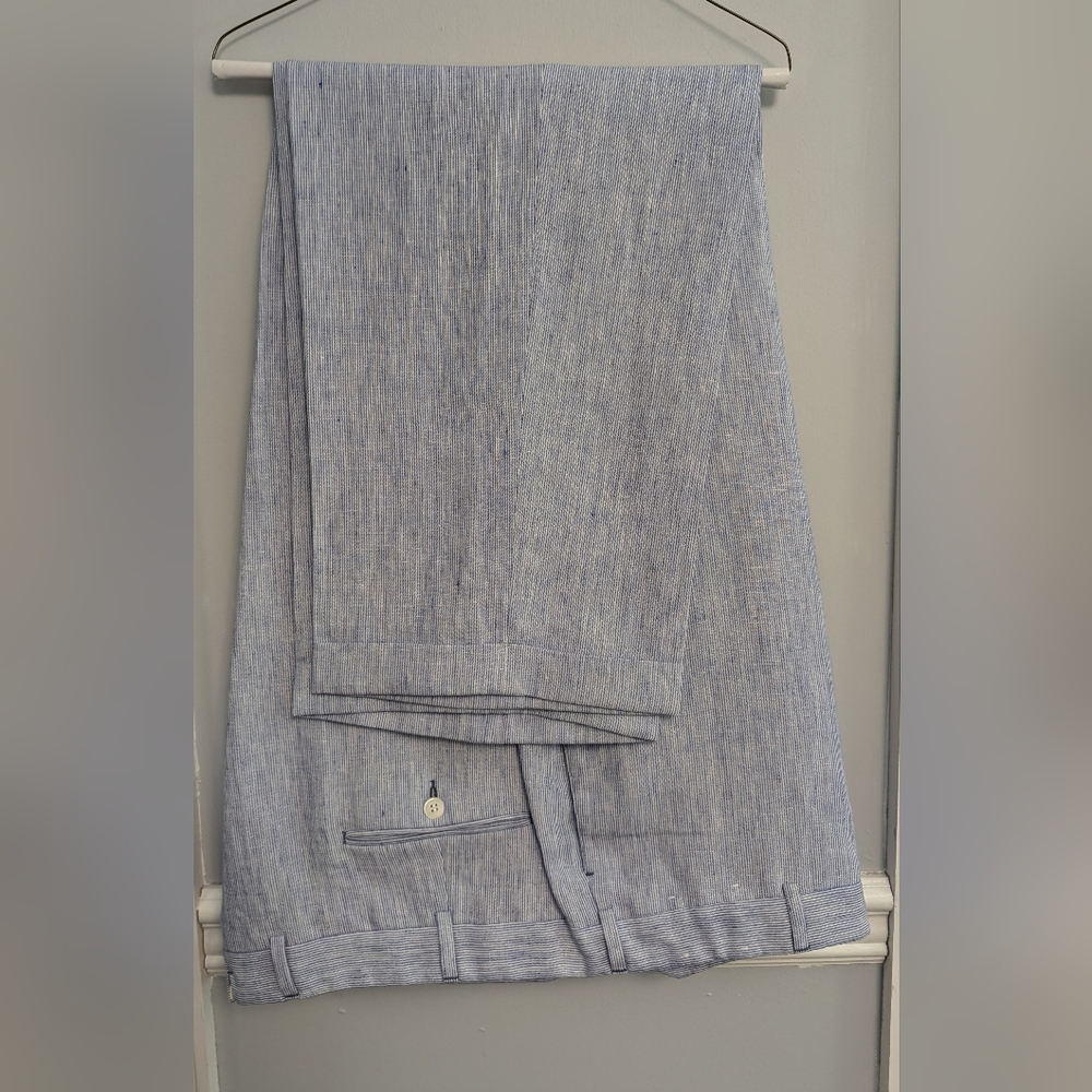 J Peterman Men's Italian Linen Blue and White Striped Trousers Size 46